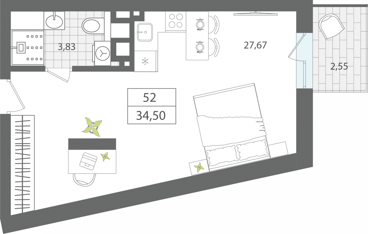 Апартаменты №52, 1-комнатная, 34.5 м², 5 этаж - планировка, Апартаменты «ЭЛЕМЕНТ», секция 1