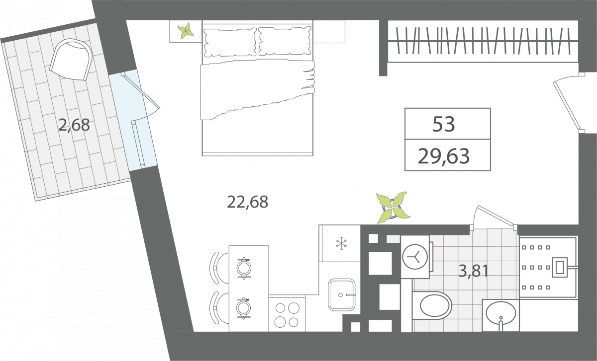 Апартаменты №53, 1-комнатная, 29.63 м², 5 этаж - планировка, Апартаменты «ЭЛЕМЕНТ», секция 1