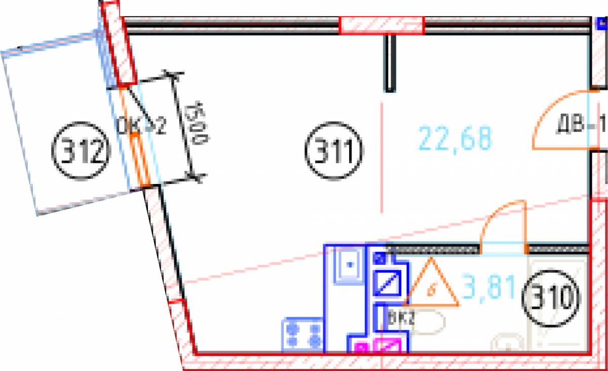 Апартаменты №53, 1-комнатная, 29.63 м², 5 этаж - планировка, Секция 1