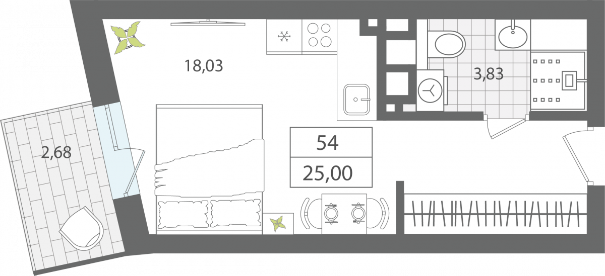 Апартаменты №54, 1-комнатная, 25 м², 5 этаж - планировка, Апартаменты «ЭЛЕМЕНТ», секция 1