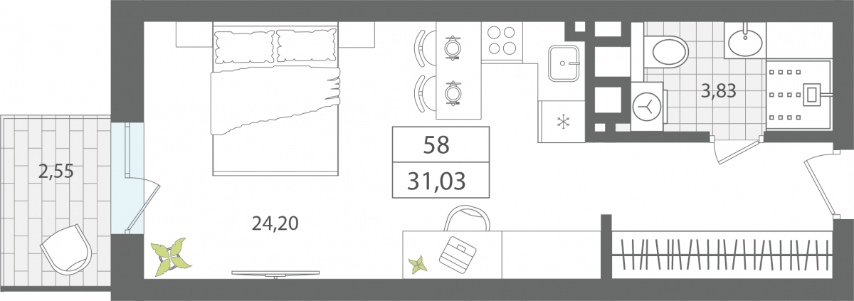 1 комнатные апартаменты 31,03 м², Апартаменты «ЭЛЕМЕНТ», секция 1 / 5 этаж, г. Светлогорск - фото 1
