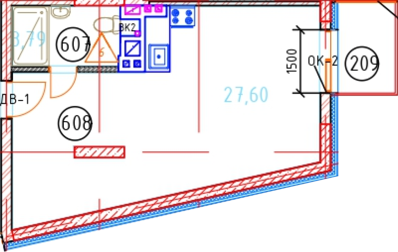 Апартаменты №69, 1-комнатная, 34.39 м², 6 этаж - планировка, Секция 1