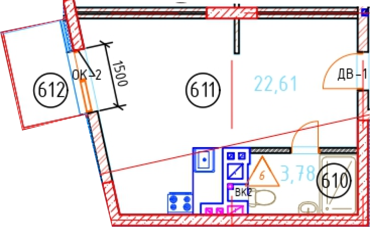 Апартаменты №70, 1-комнатная, 29.53 м², 6 этаж - планировка, Секция 1