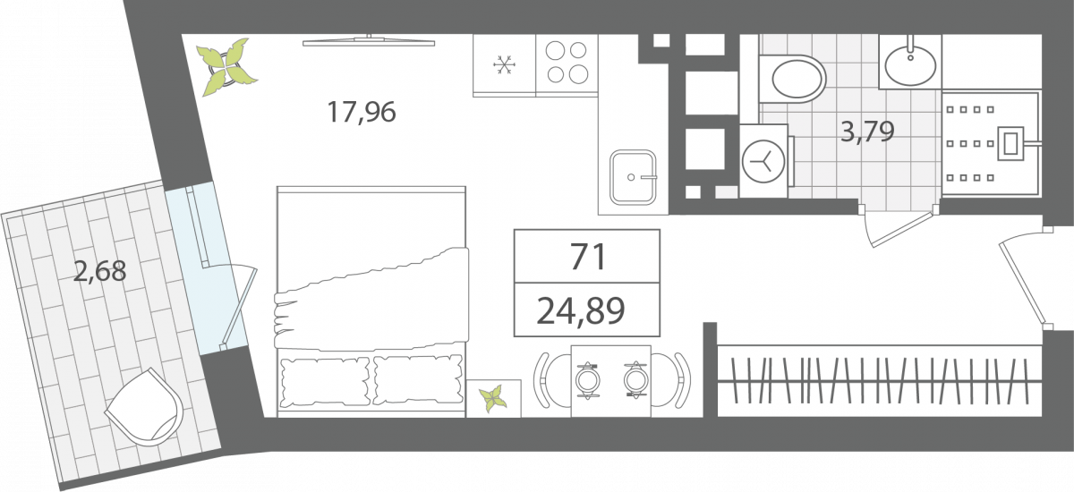 Апартаменты №71, 1-комнатная, 24.89 м², 6 этаж - планировка, Апартаменты «ЭЛЕМЕНТ», секция 1