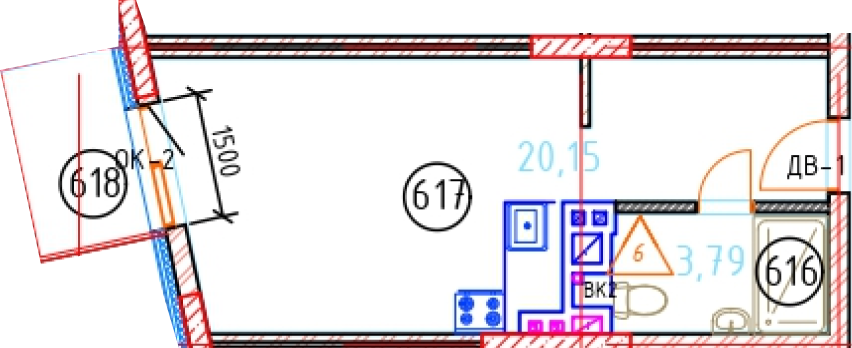 Апартаменты №72, 1-комнатная, 27.08 м², 6 этаж - планировка, Секция 1