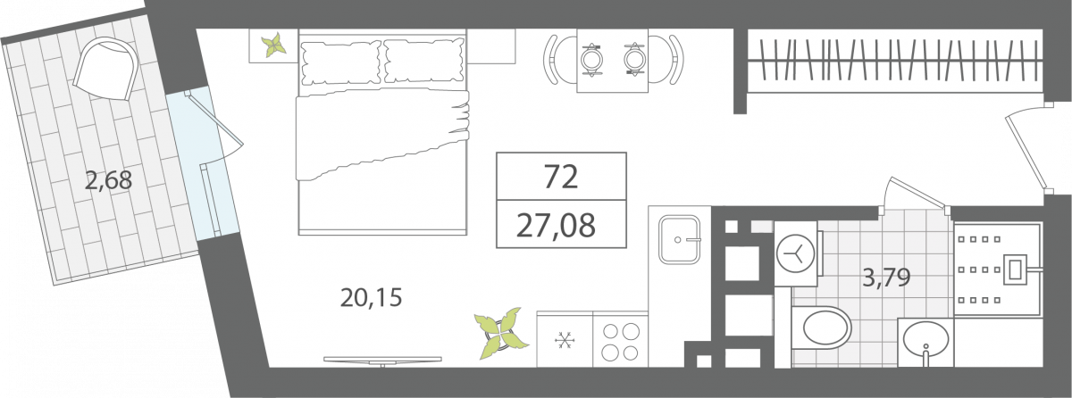 Апартаменты №72, 1-комнатная, 27.08 м², 6 этаж - планировка, Апартаменты «ЭЛЕМЕНТ», секция 1