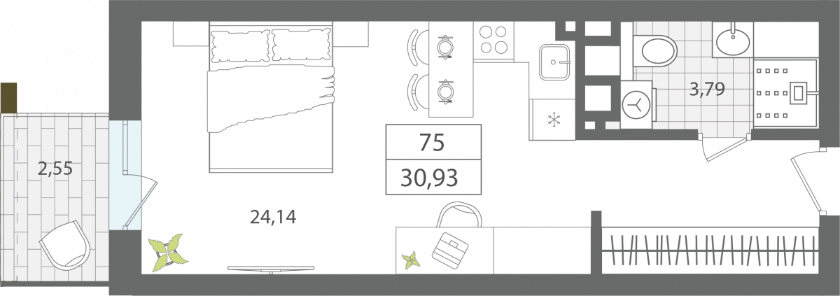 Апартаменты №75, 1-комнатная, 30.93 м², 6 этаж - планировка, Апартаменты «ЭЛЕМЕНТ», секция 1