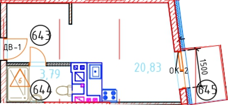 Апартаменты №81, 1-комнатная, 27.62 м², 6 этаж - планировка, Секция 1