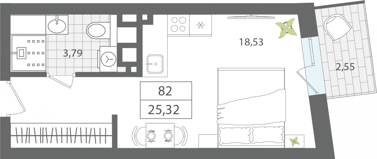 Апартаменты №82, 1-комнатная, 25.32 м², 6 этаж - планировка, Апартаменты «ЭЛЕМЕНТ», секция 1