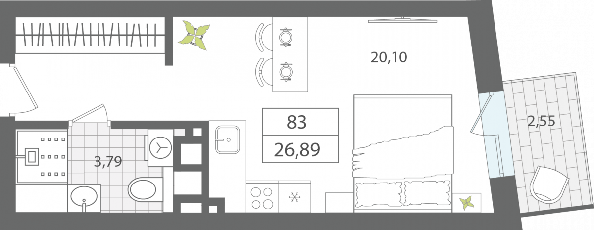 Апартаменты №83, 1-комнатная, 26.89 м², 6 этаж - планировка, Апартаменты «ЭЛЕМЕНТ», секция 1