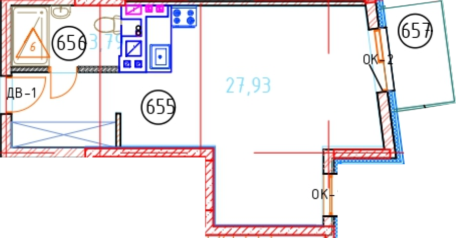 Апартаменты №85, 1-комнатная, 35.03 м², 6 этаж - планировка, Секция 1