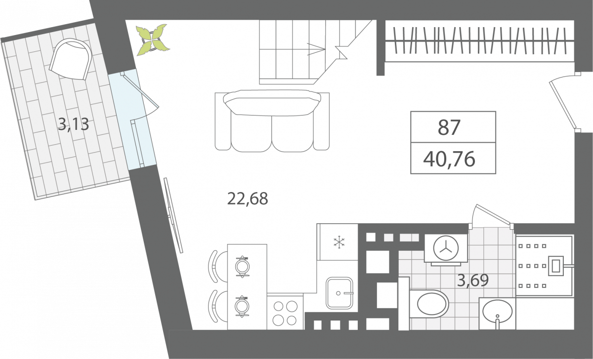 Апартаменты №87, 1-комнатная, 40.76 м², 7 этаж - планировка, Апартаменты «ЭЛЕМЕНТ», секция 1