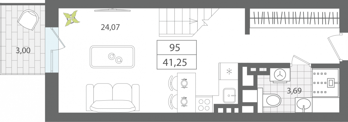 Апартаменты №95, 1-комнатная, 41.25 м², 7 этаж - планировка, Апартаменты «ЭЛЕМЕНТ», секция 1