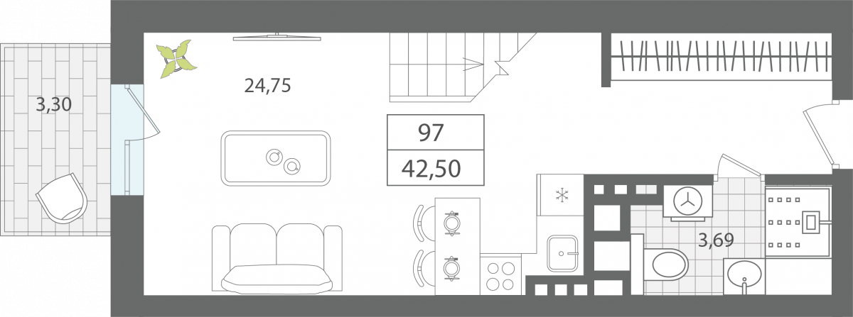 Апартаменты №97, 1-комнатная, 42.5 м², 7 этаж - планировка, Апартаменты «ЭЛЕМЕНТ», секция 1