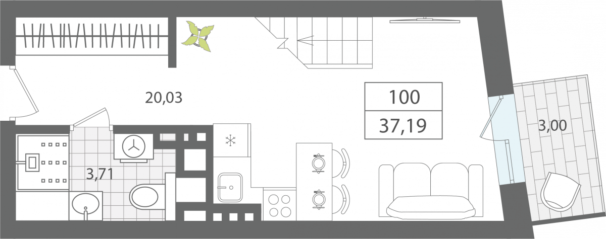 Апартаменты №100, 1-комнатная, 37.19 м², 7 этаж - планировка, Апартаменты «ЭЛЕМЕНТ», секция 1