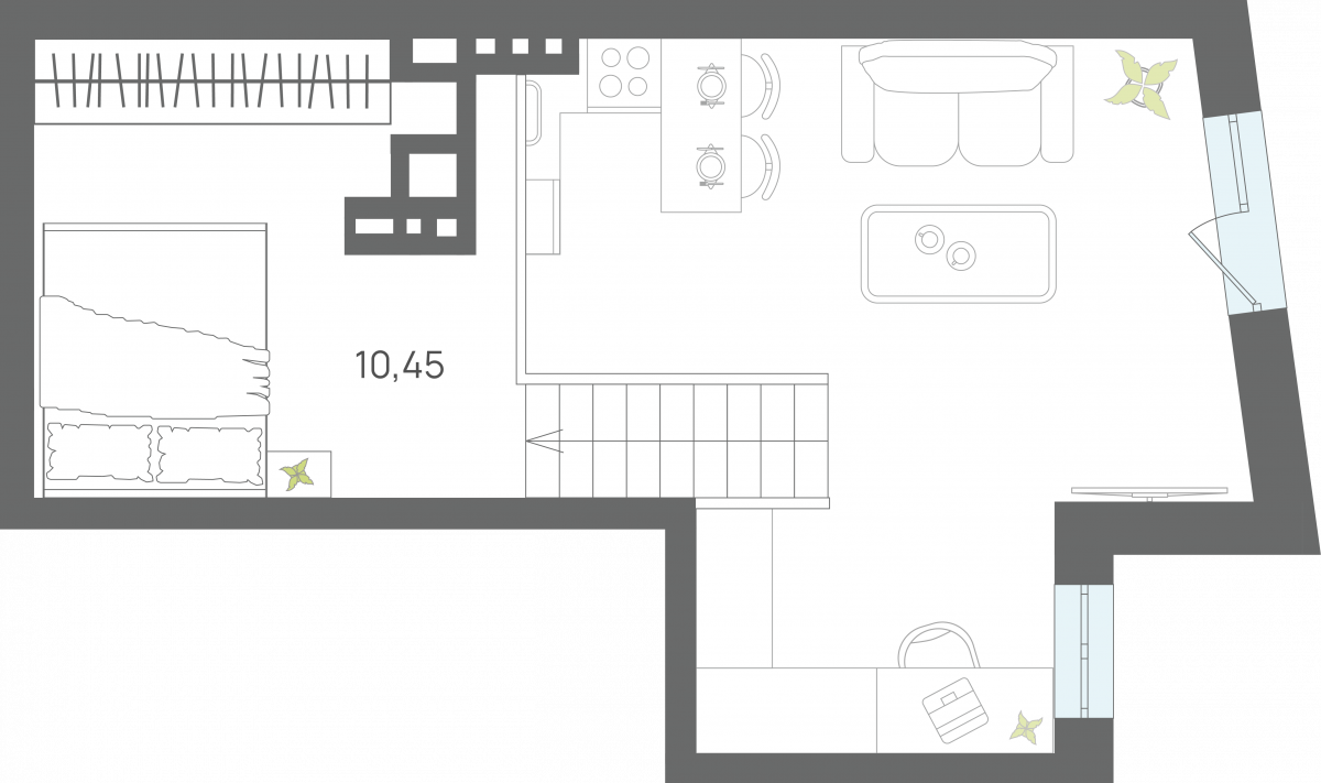 Апартаменты №102, 1-комнатная, 45.34 м², 7 этаж - планировка, Секция 1