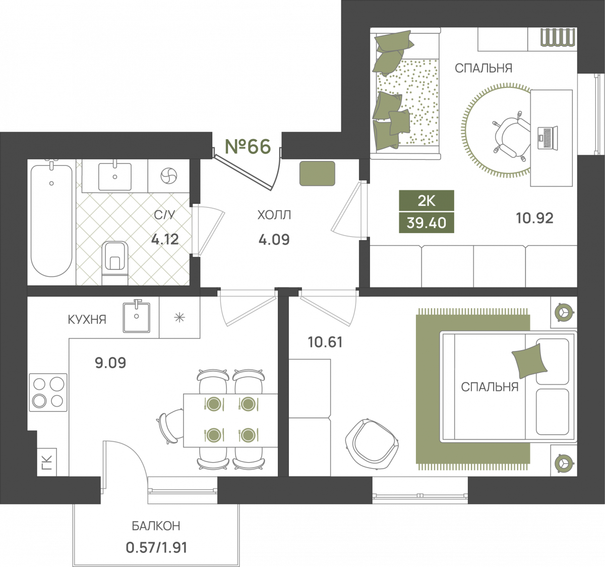 Квартира №66, 2-комнатная, 39.4 м², 3 этаж - планировка, ЖК «Гурьевский парк», 2 дом