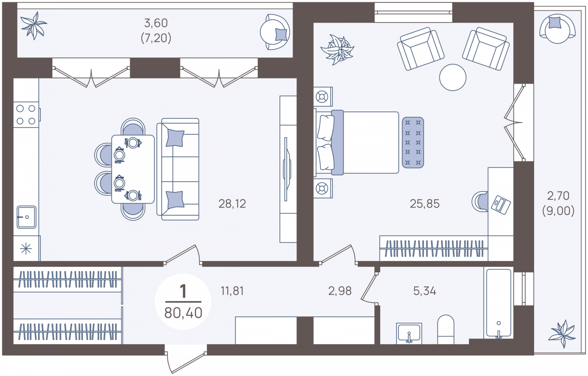 Апартаменты №1, 2-комнатная, 90.6 м², 1 этаж - планировка, Недвижимость у моря «Лазурь»