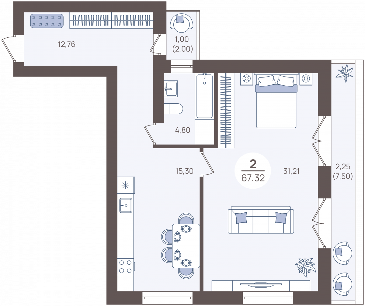 Апартаменты №2, 2-комнатная, 73.5 м², 1 этаж - планировка, Недвижимость у моря «Лазурь»