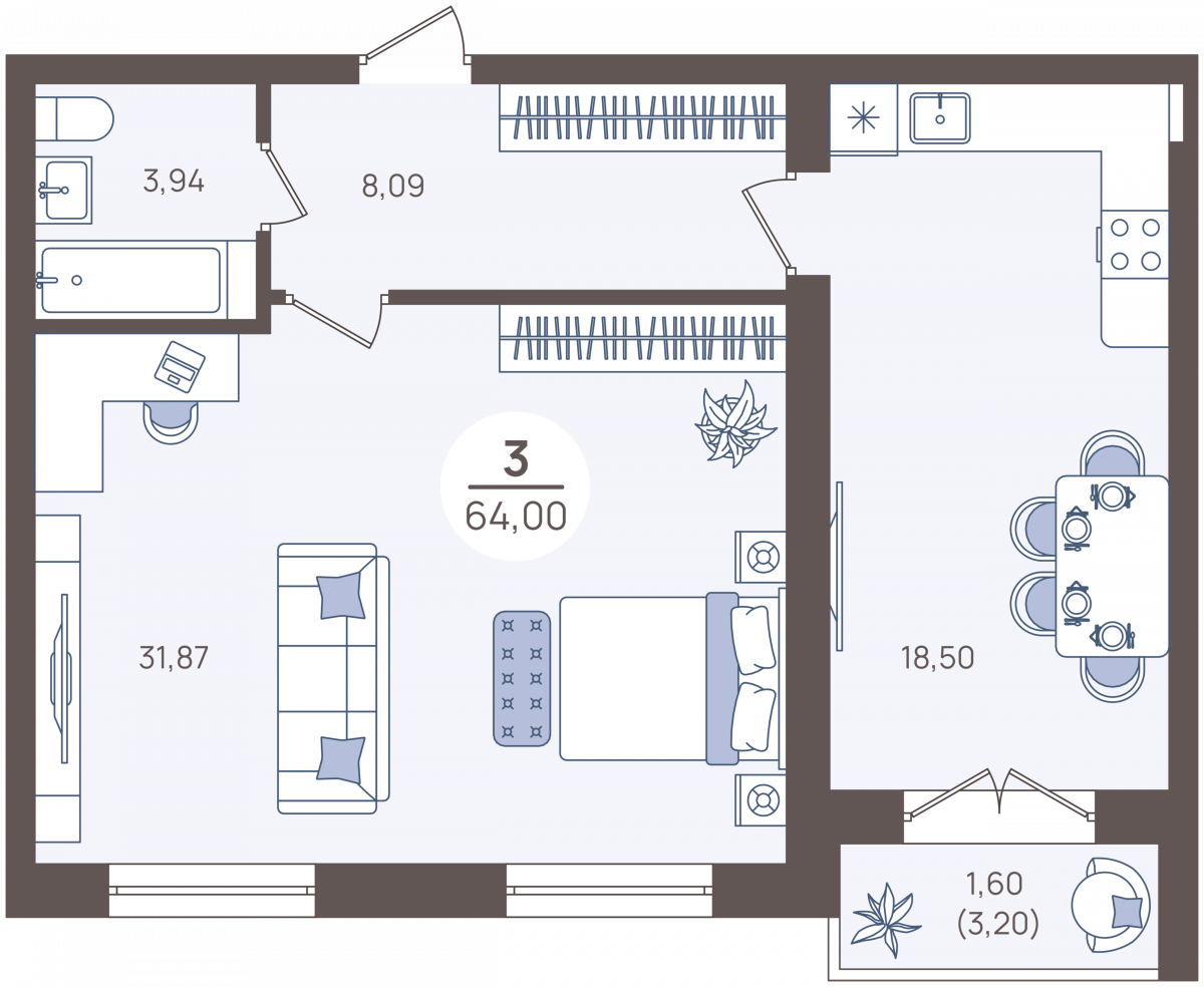 Апартаменты №3, 2-комнатная, 65.9 м², 1 этаж - планировка, Недвижимость у моря «Лазурь»