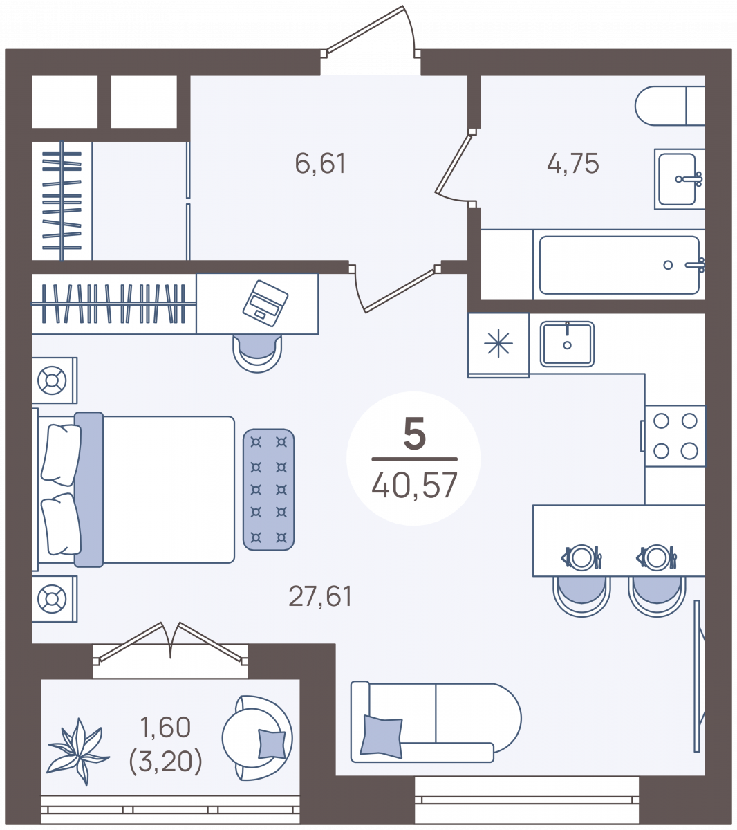 Апартаменты №5, 1-комнатная, 42.2 м², 1 этаж - планировка, Недвижимость у моря «Лазурь»