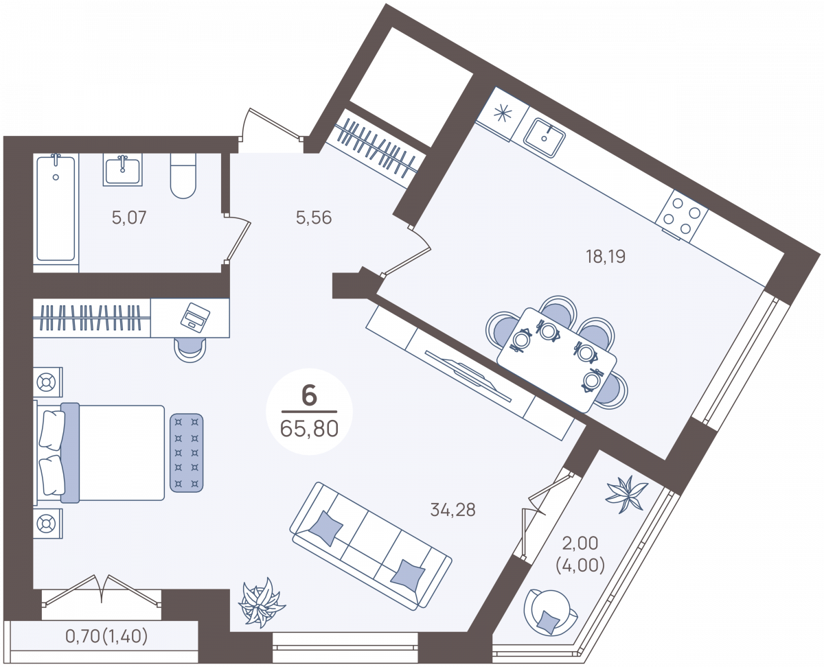 Апартаменты №6, 2-комнатная, 67.4 м², 1 этаж - планировка, Недвижимость у моря «Лазурь»