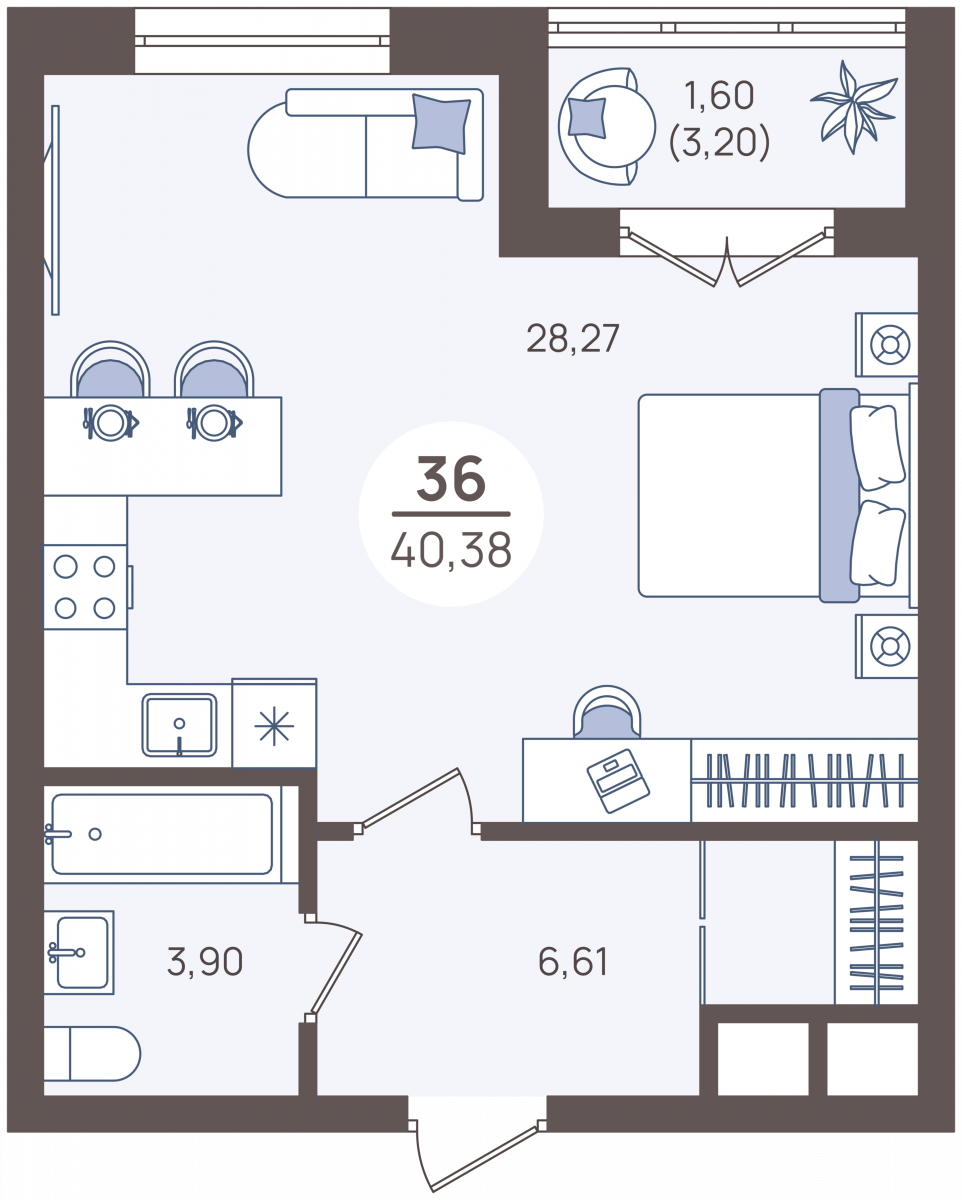 Апартаменты №36, 1-комнатная, 42 м², 1 этаж - планировка, Недвижимость у моря «Лазурь»