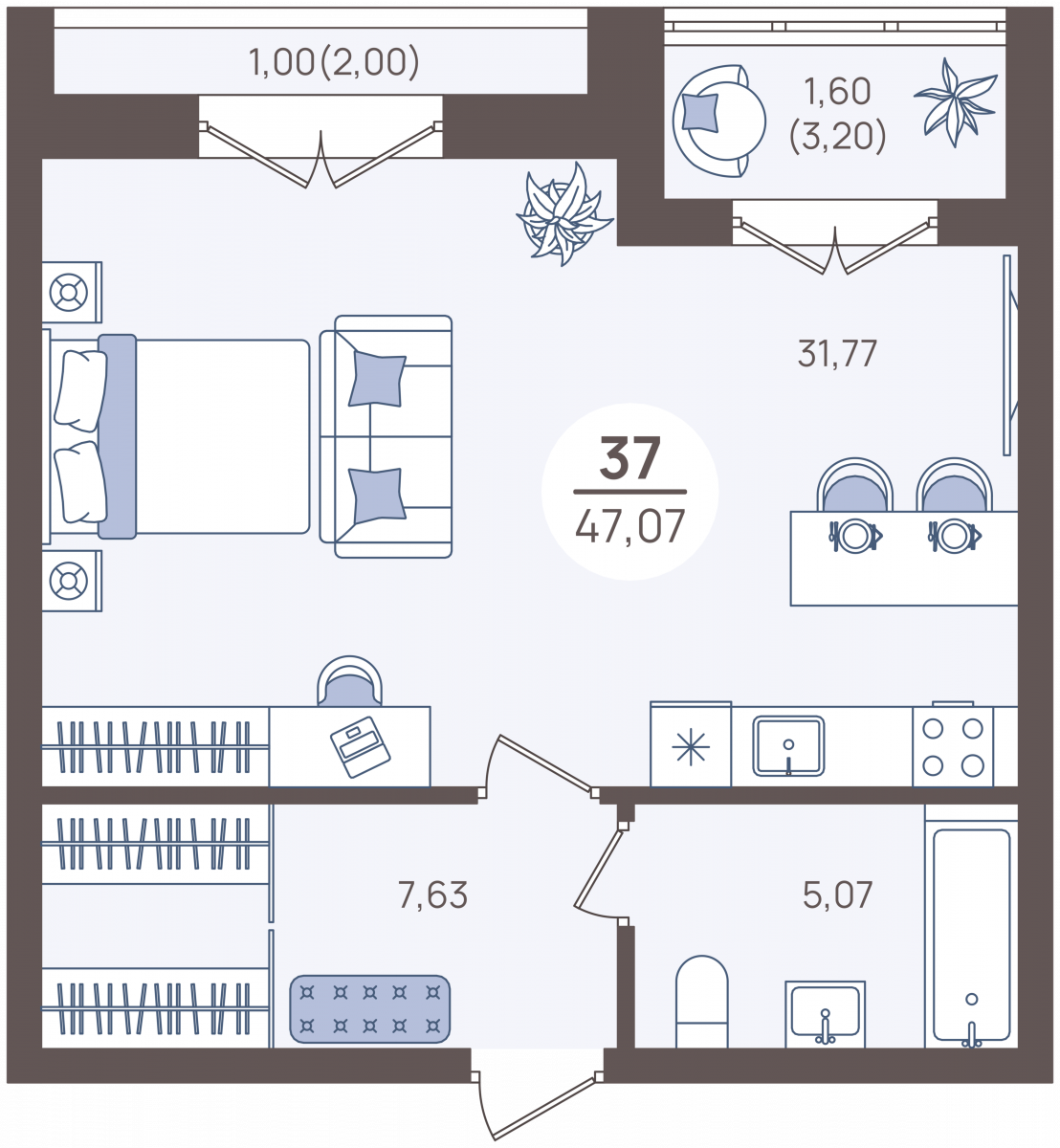 Апартаменты №37, 1-комнатная, 49.6 м², 1 этаж - планировка, Недвижимость у моря «Лазурь»