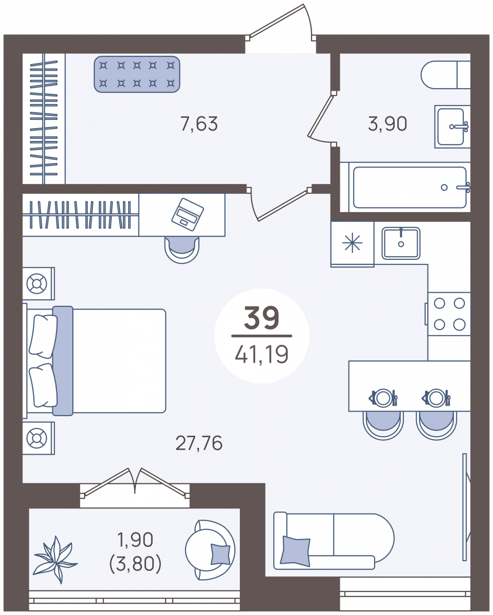 Апартаменты №39, 1-комнатная, 42.8 м², 1 этаж - планировка, Недвижимость у моря «Лазурь»