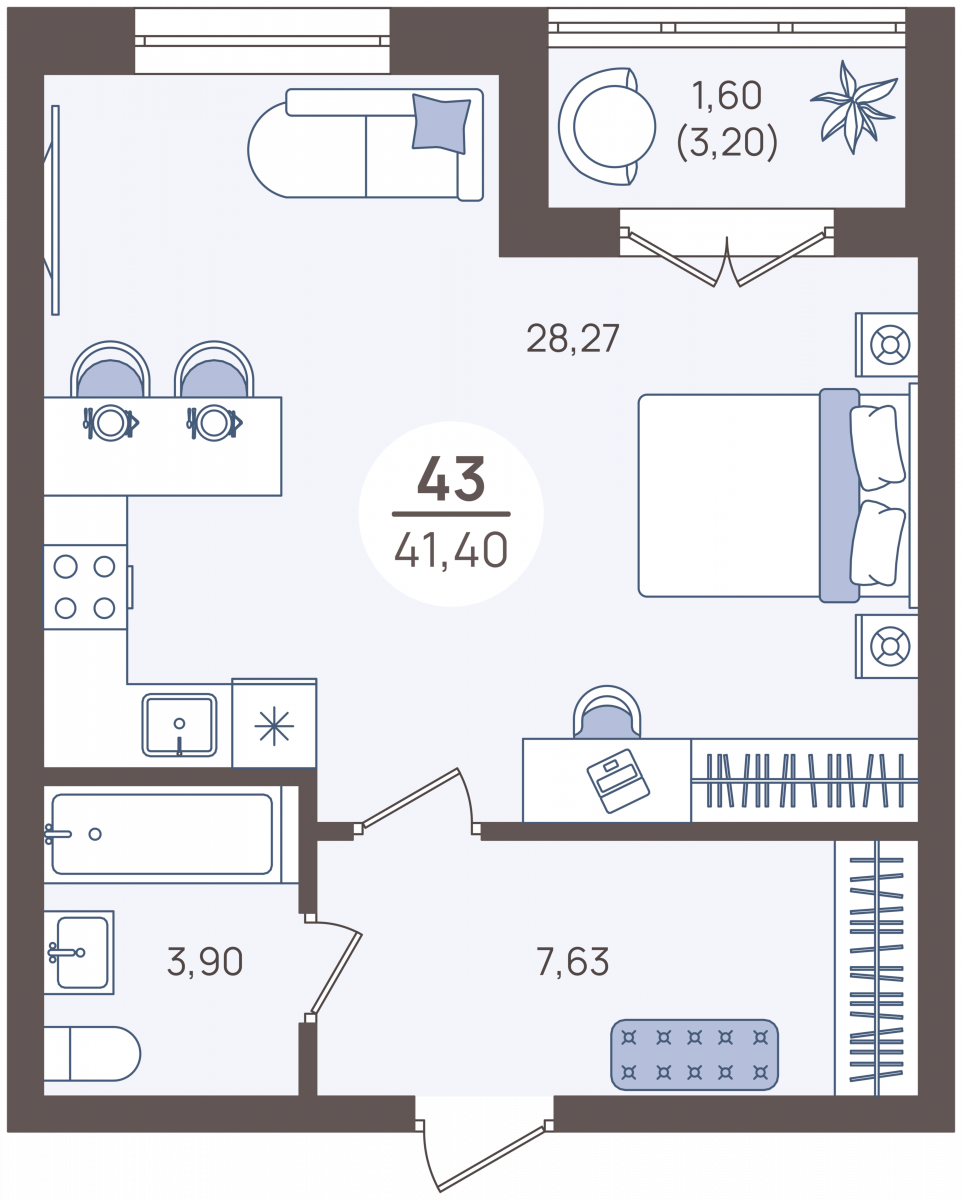 Апартаменты №43, 1-комнатная, 43 м², 1 этаж - планировка, Недвижимость у моря «Лазурь»