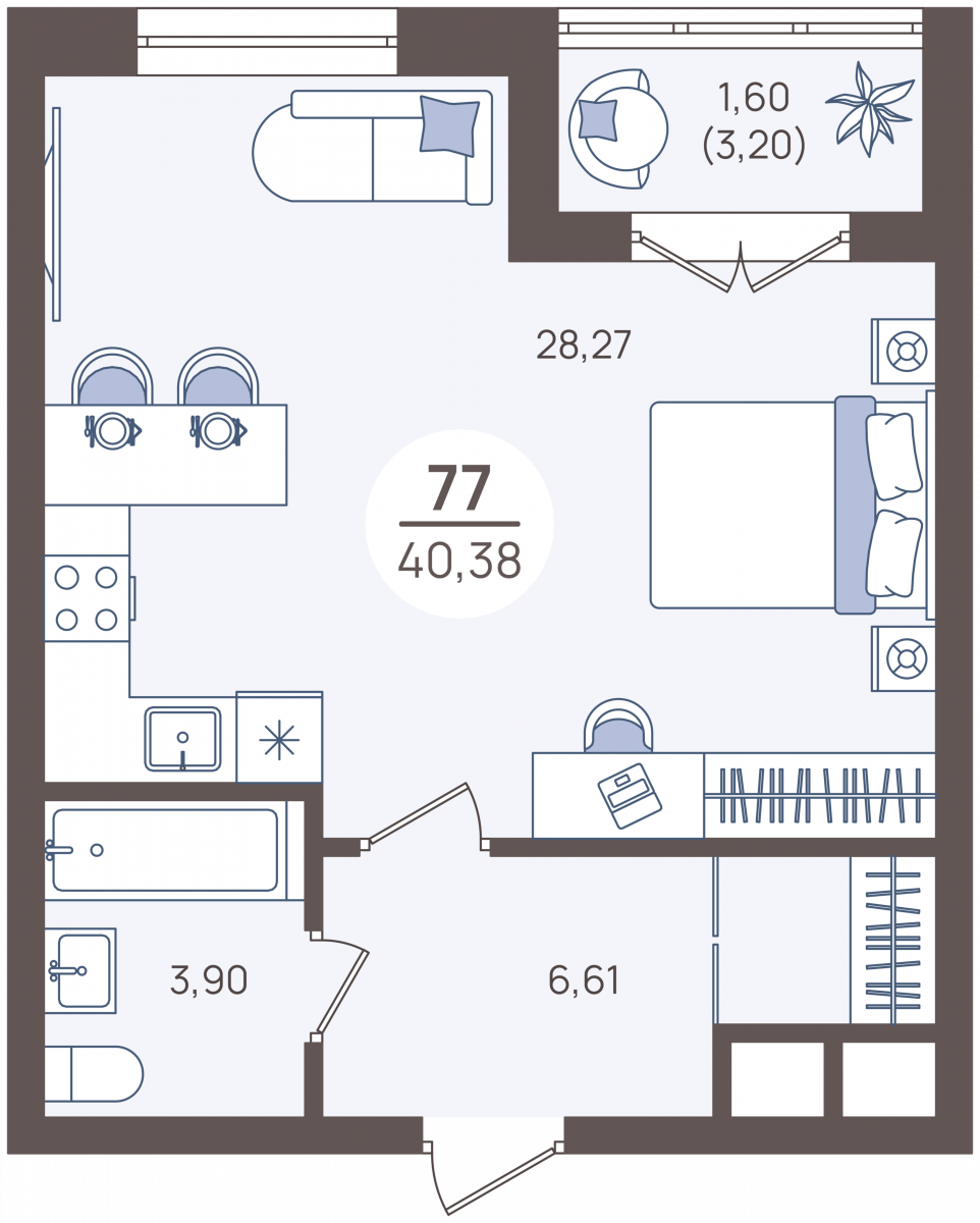 Апартаменты №77, 1-комнатная, 42.1 м², 1 этаж - планировка, Недвижимость у моря «Лазурь»