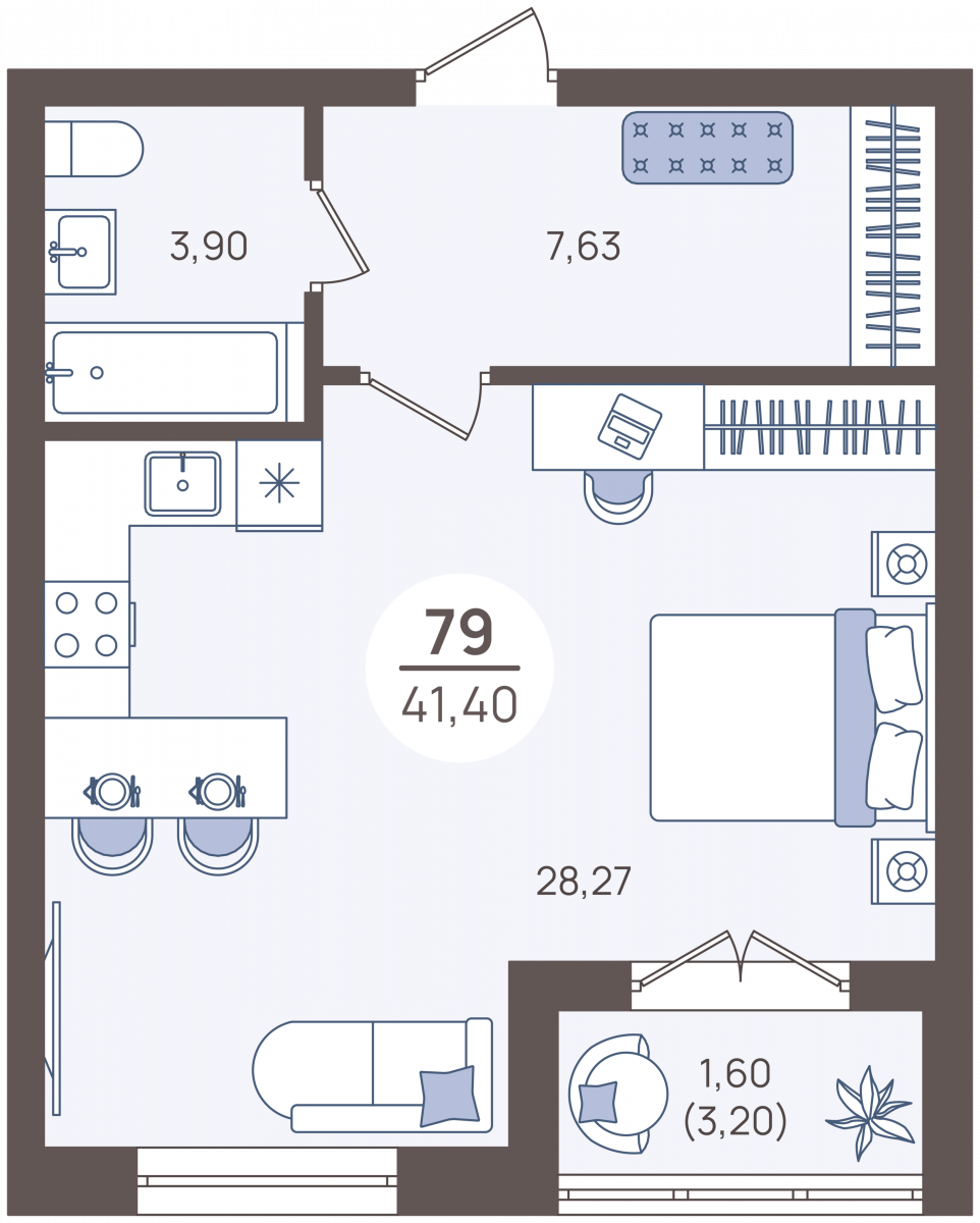 Апартаменты №79, 1-комнатная, 43.3 м², 1 этаж - планировка, Недвижимость у моря «Лазурь»