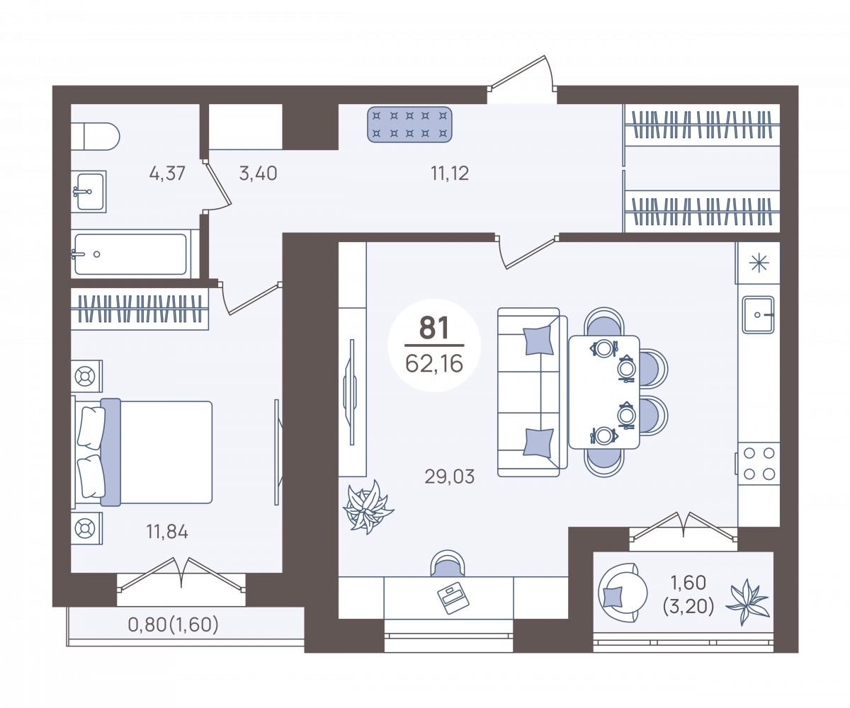 Апартаменты №81, 2-комнатная, 64.7 м², 1 этаж - планировка, Недвижимость у моря «Лазурь»