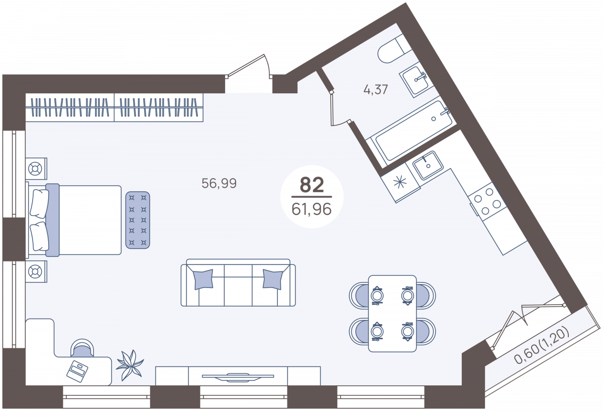 Апартаменты №82, 2-комнатная, 62.6 м², 1 этаж - планировка, Недвижимость у моря «Лазурь»