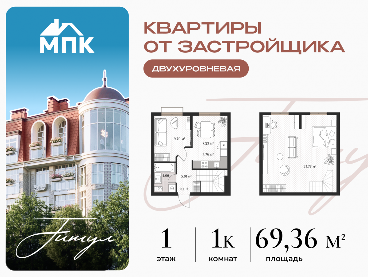 Квартира №5, 1-комнатная, 69.36 м², 1 этаж - планировка, Клубный дом «Титул»
