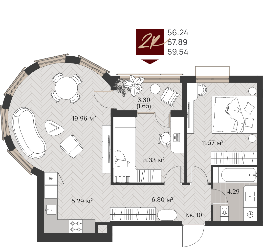 Квартира №10, 2-комнатная, 57.89 м², 2 этаж - планировка, Клубный дом «Титул»