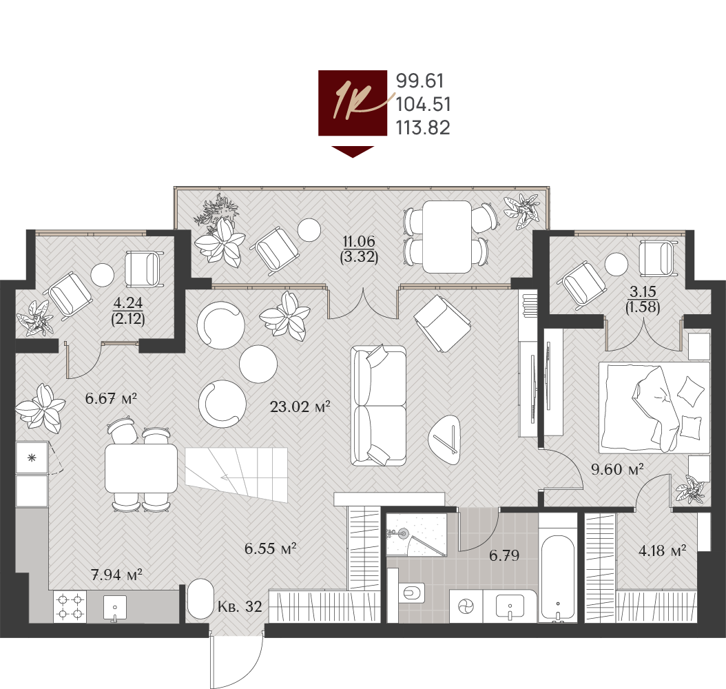 Квартира №32, 1-комнатная, 104.51 м², 5 этаж - планировка, Клубный дом «Титул»