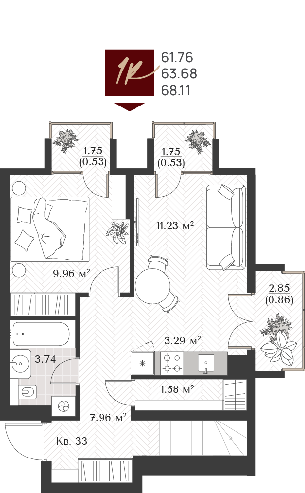 Квартира №33, 1-комнатная, 63.68 м², 5 этаж - планировка, Клубный дом «Титул»