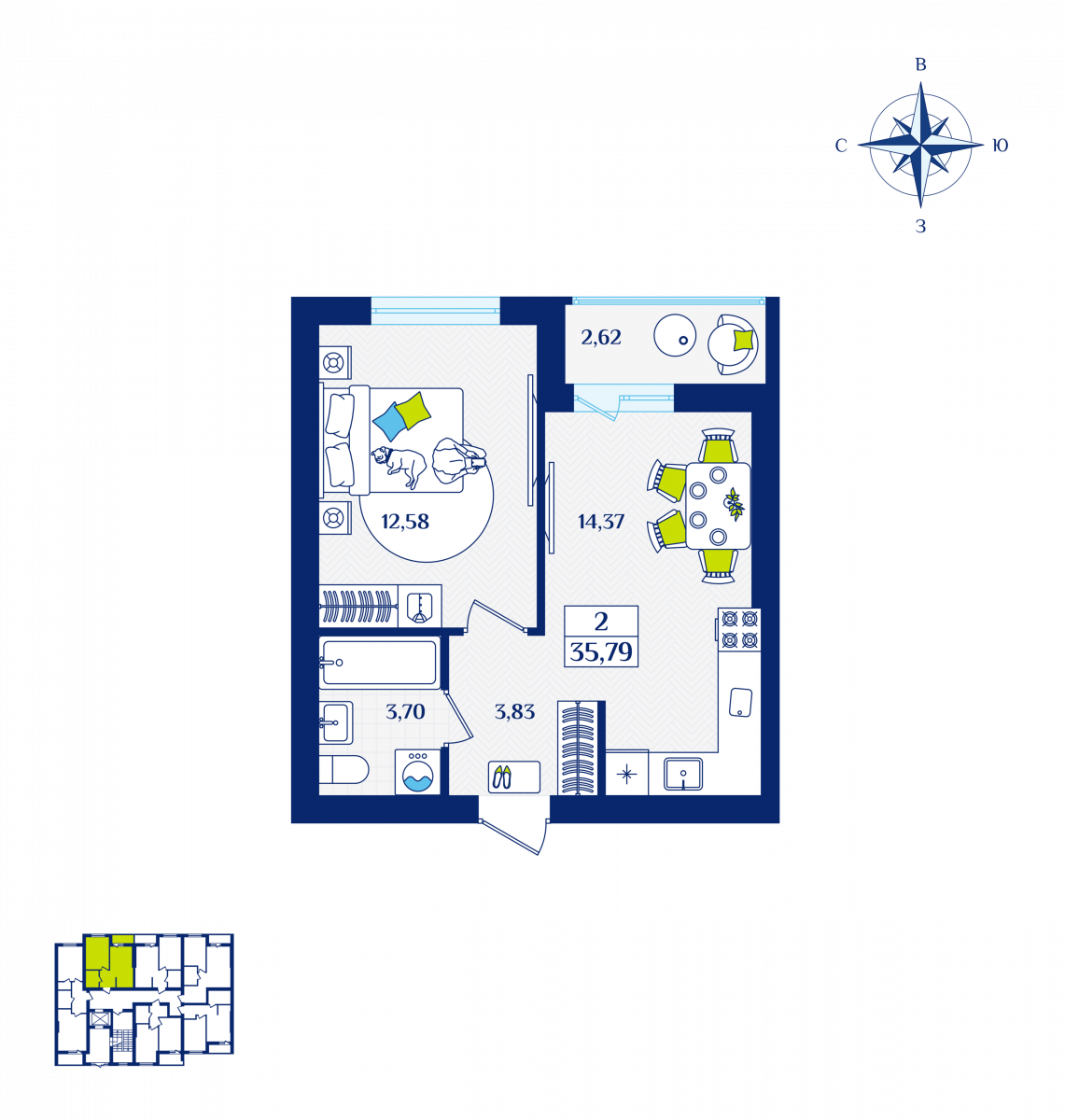 Квартира №2, 1-комнатная, 35.79 м², 1 этаж - планировка, ЖК «Речной квартал» Дом 1