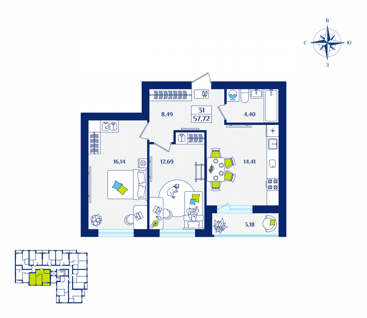 Квартира №31, 2-комнатная, 57.72 м², 1 этаж - планировка, ЖК «Речной квартал» Дом 1