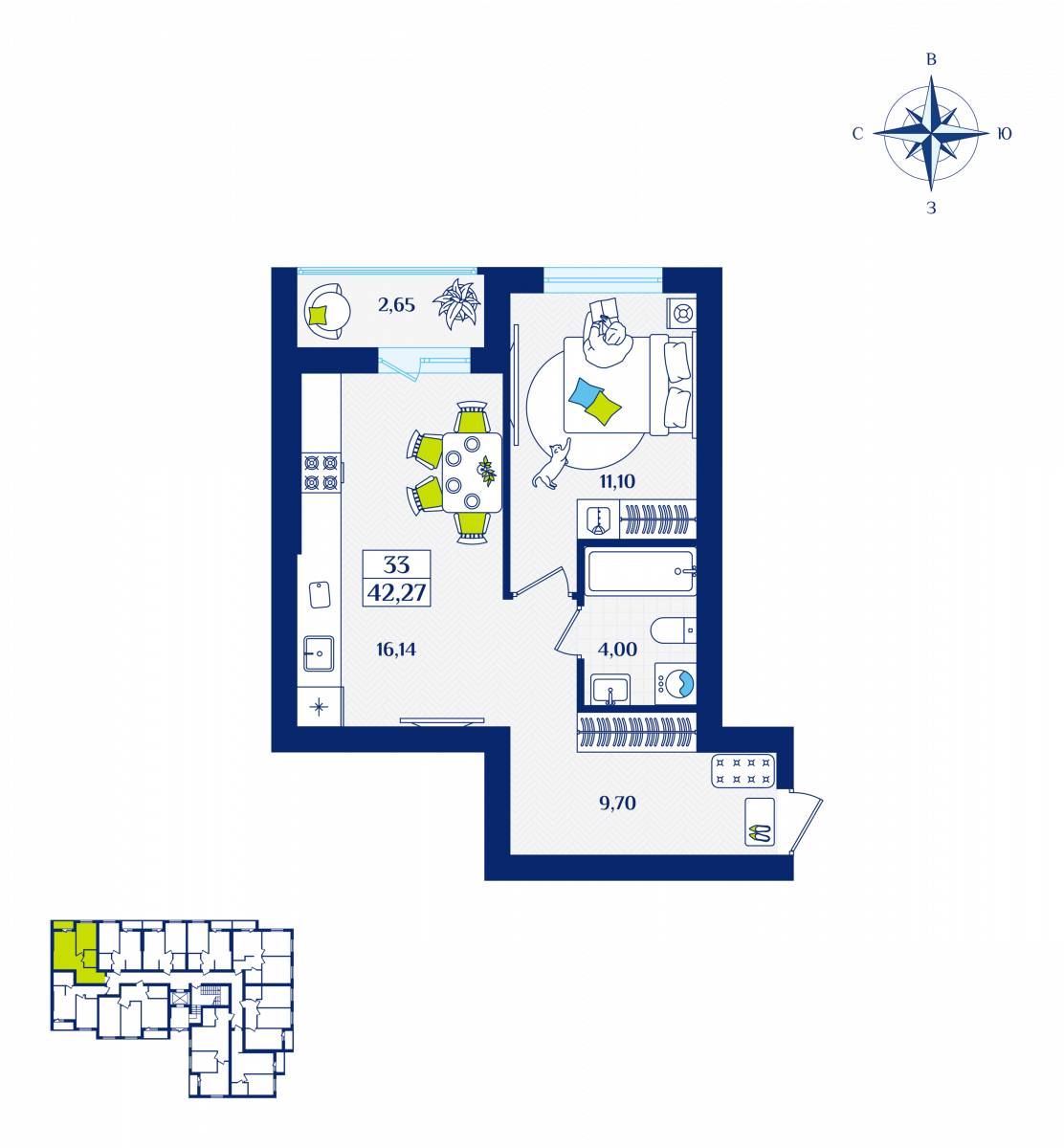 Квартира №33, 1-комнатная, 42.27 м², 1 этаж - планировка, ЖК «Речной квартал» Дом 1