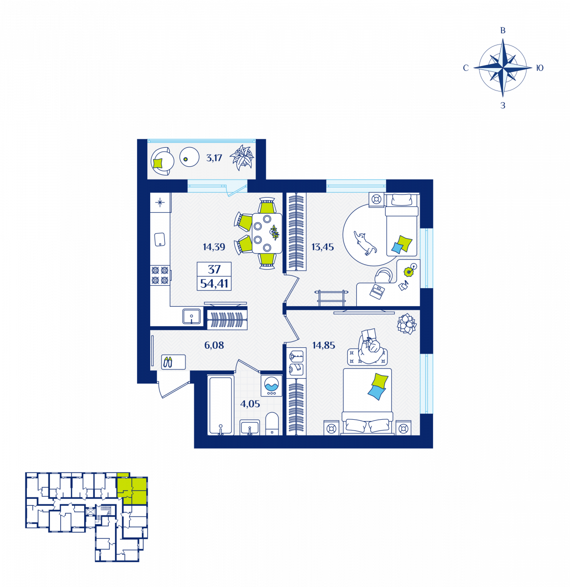 Квартира №37, 2-комнатная, 54.41 м², 1 этаж - планировка, ЖК «Речной квартал» Дом 1