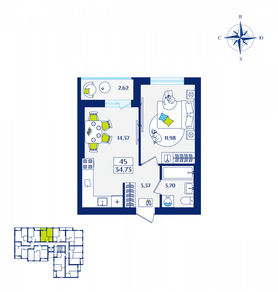 Квартира №45, 1-комнатная, 34.73 м², 2 этаж - планировка, ЖК «Речной квартал» Дом 1