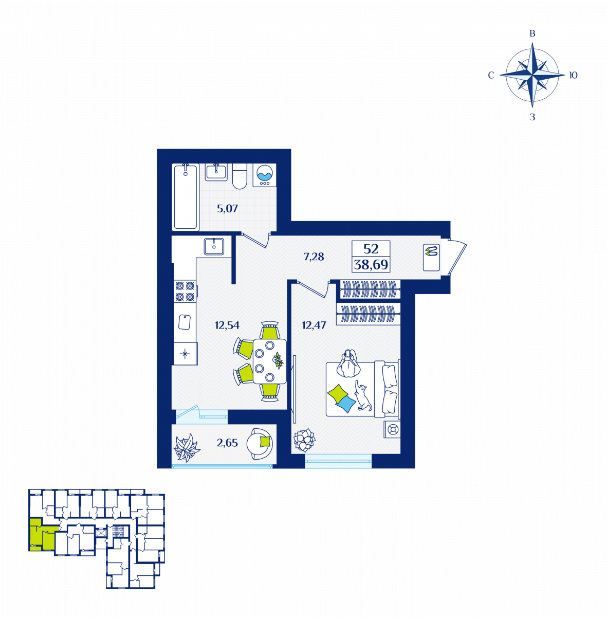 Квартира №52, 1-комнатная, 38.69 м², 3 этаж - планировка, ЖК «Речной квартал» Дом 1