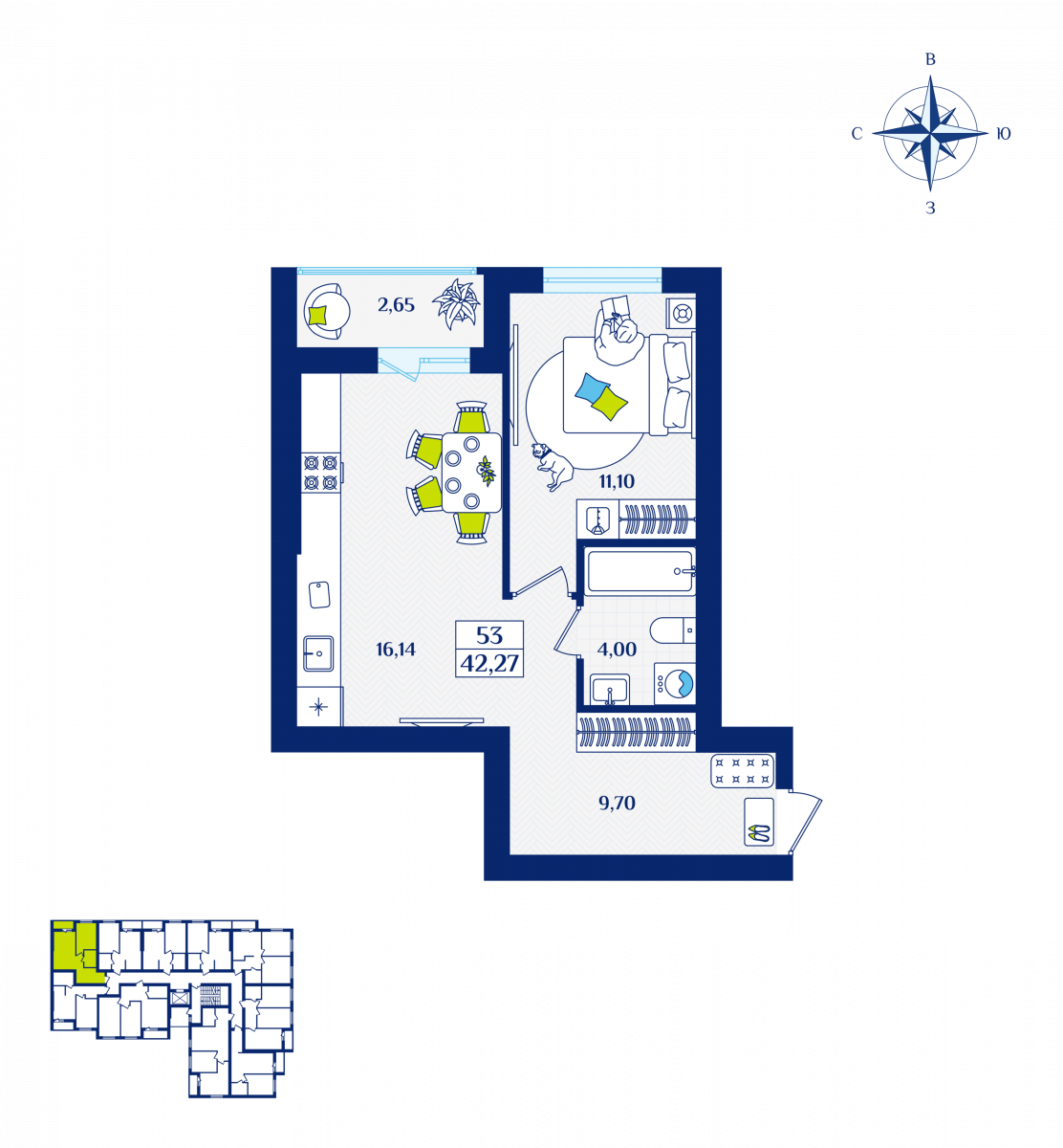 Квартира №53, 1-комнатная, 42.27 м², 3 этаж - планировка, ЖК «Речной квартал» Дом 1