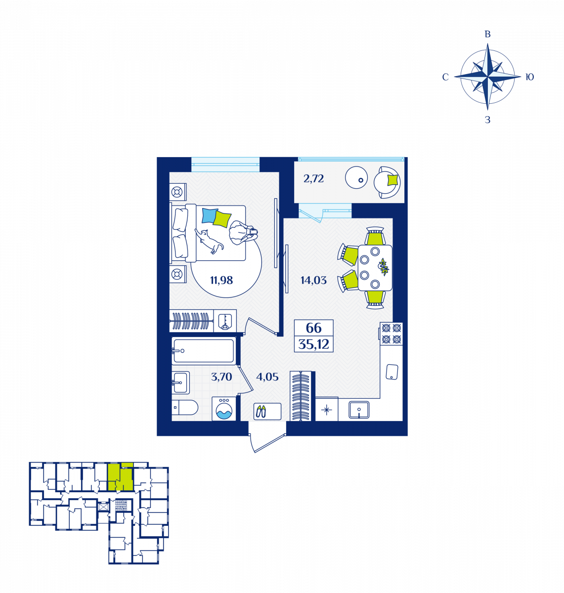 Квартира №66, 1-комнатная, 35.12 м², 4 этаж - планировка, ЖК «Речной квартал» Дом 1