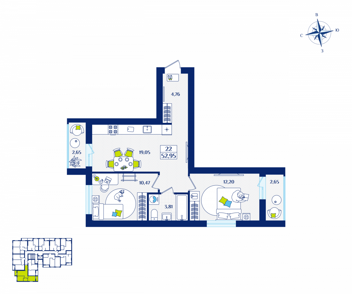 Квартира №22, 2-комнатная, 52.95 м², 3 этаж - планировка, ЖК «Речной квартал» Дом 3