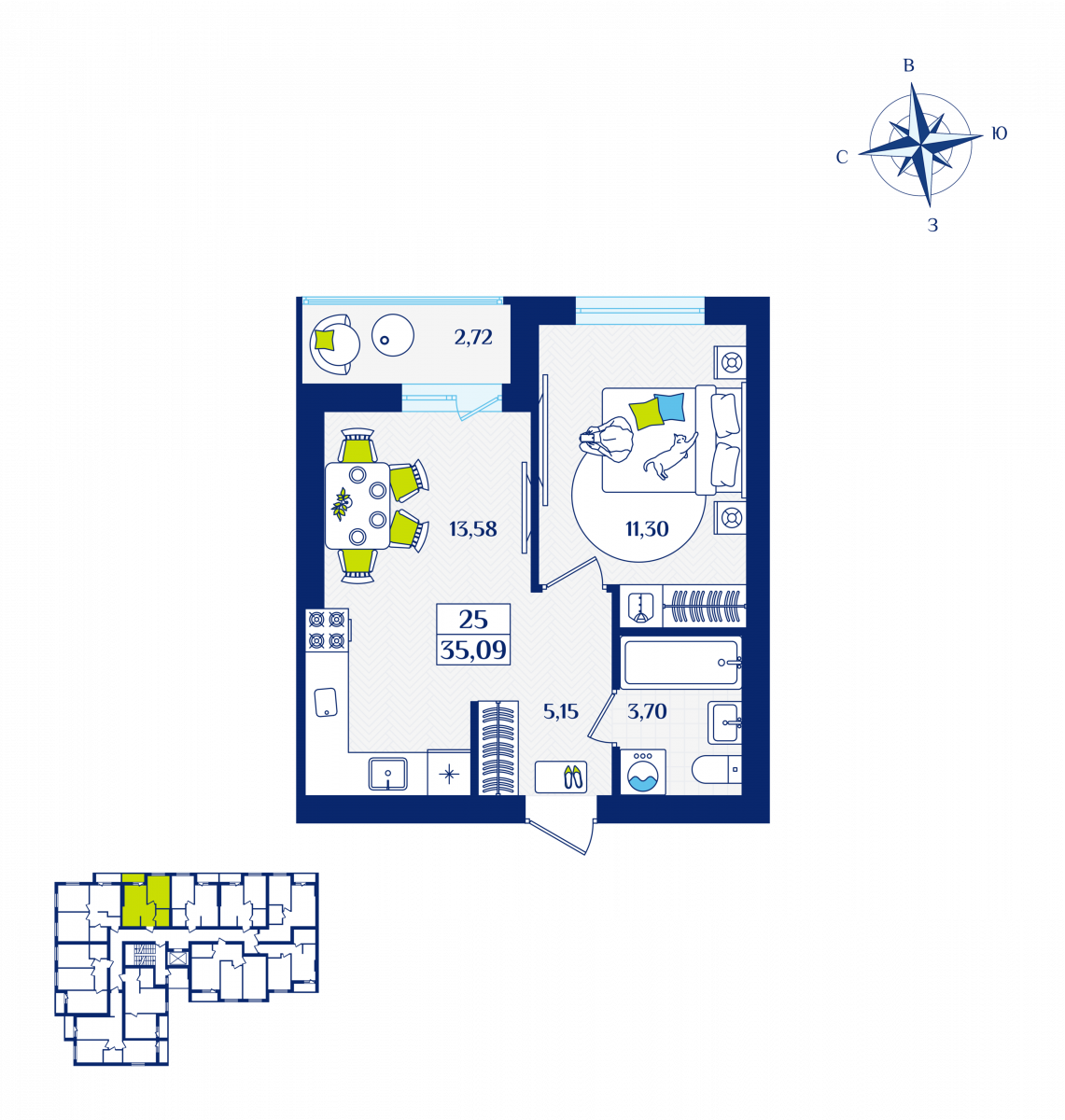 Квартира №25, 1-комнатная, 35.09 м², 3 этаж - планировка, ЖК «Речной квартал» Дом 3