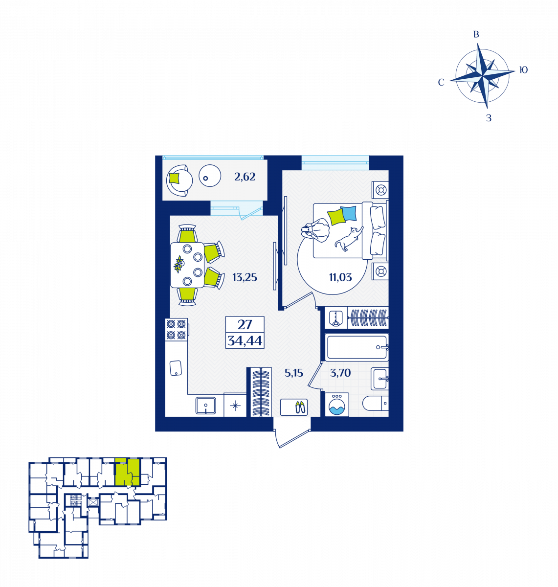 Квартира №27, 1-комнатная, 34.44 м², 3 этаж - планировка, ЖК «Речной квартал» Дом 3