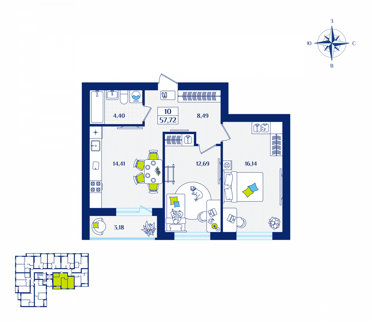 Квартира №10, 2-комнатная, 57.72 м², 1 этаж - планировка, ЖК «Речной квартал» Дом 2